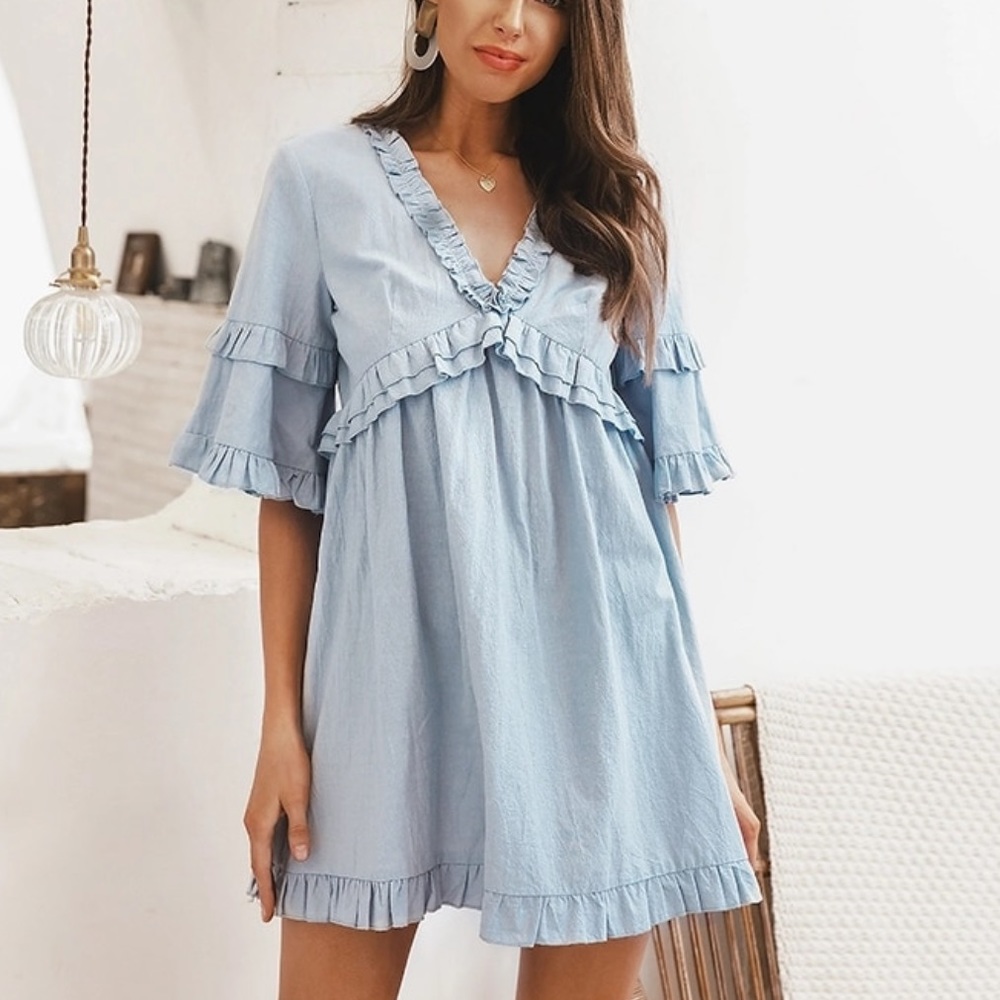 NEW✨ Baby Blue Linen Flowy Ruffles Dress Boho - Picture 3 of 8